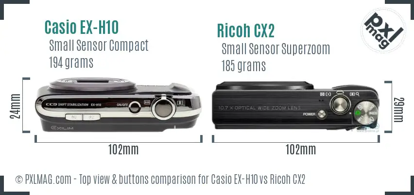 Casio EX-H10 vs Ricoh CX2 top view buttons comparison