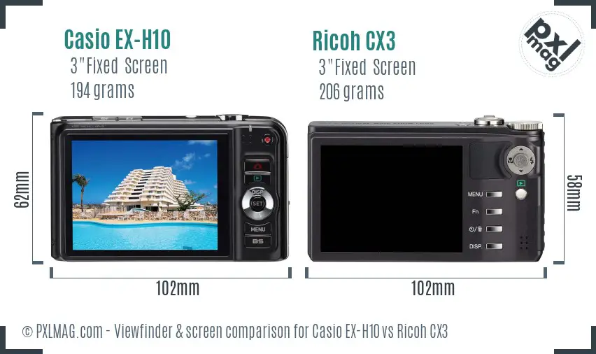 Casio EX-H10 vs Ricoh CX3 Screen and Viewfinder comparison