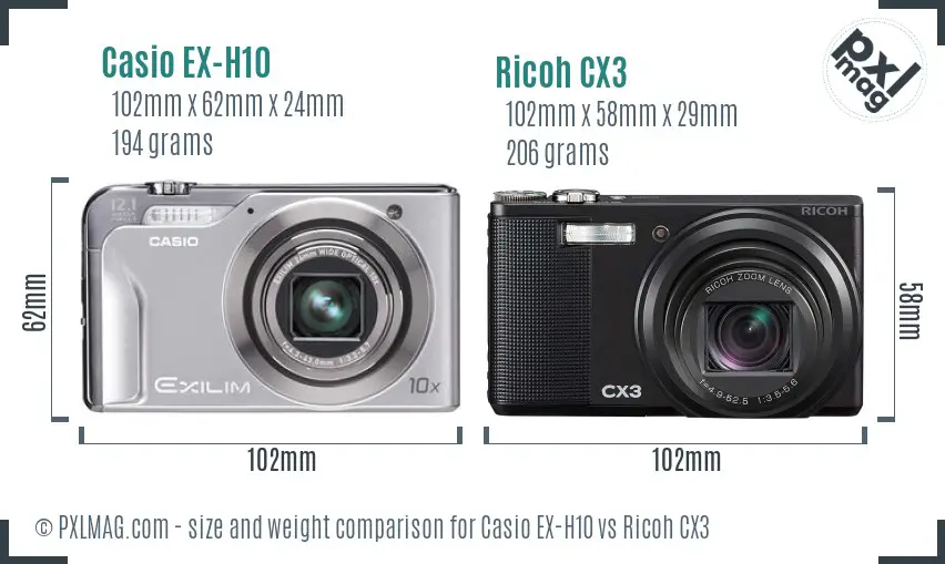 Casio EX-H10 vs Ricoh CX3 size comparison