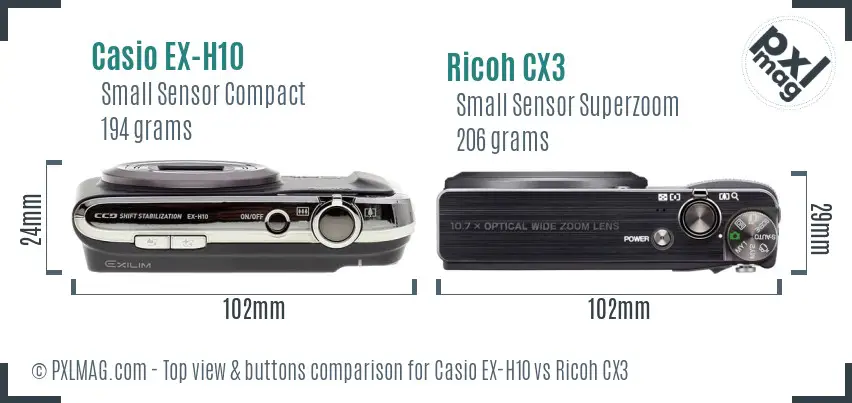 Casio EX-H10 vs Ricoh CX3 top view buttons comparison