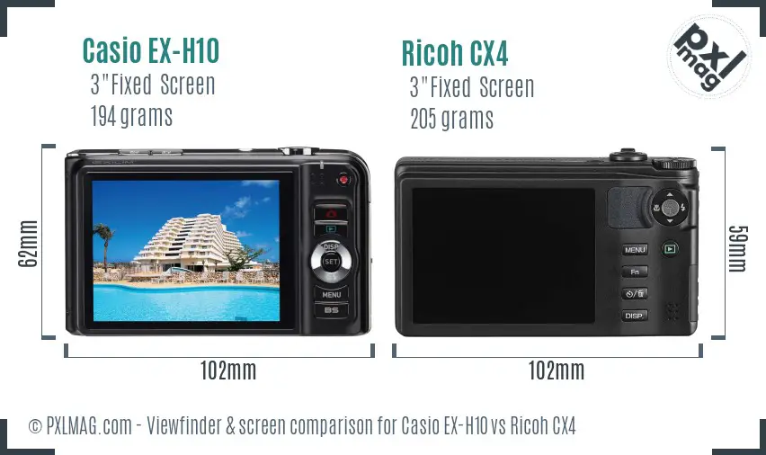 Casio EX-H10 vs Ricoh CX4 Screen and Viewfinder comparison