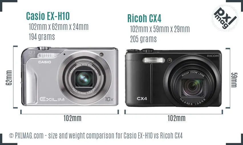 Casio EX-H10 vs Ricoh CX4 size comparison