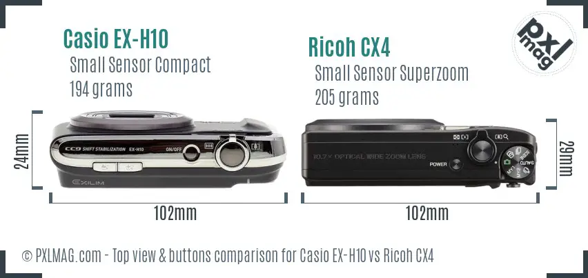 Casio EX-H10 vs Ricoh CX4 top view buttons comparison