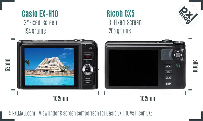 Casio EX-H10 vs Ricoh CX5 Screen and Viewfinder comparison
