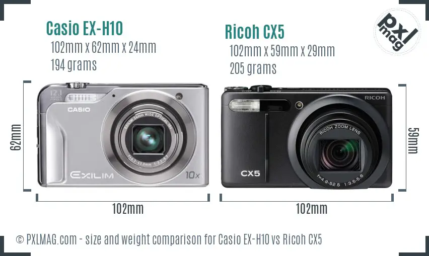 Casio EX-H10 vs Ricoh CX5 size comparison