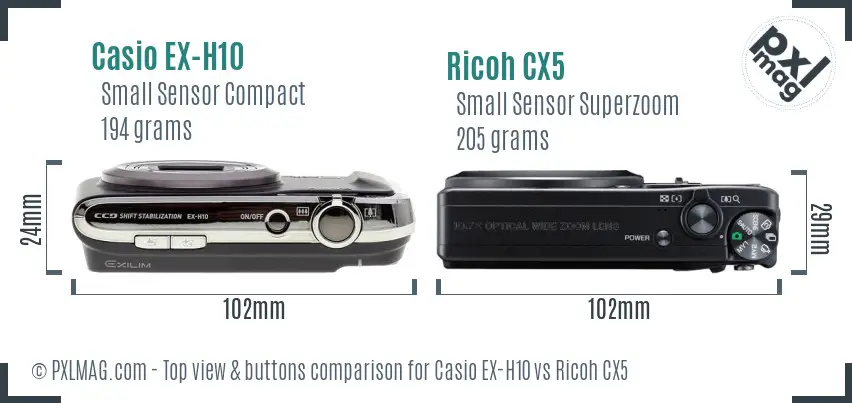 Casio EX-H10 vs Ricoh CX5 top view buttons comparison