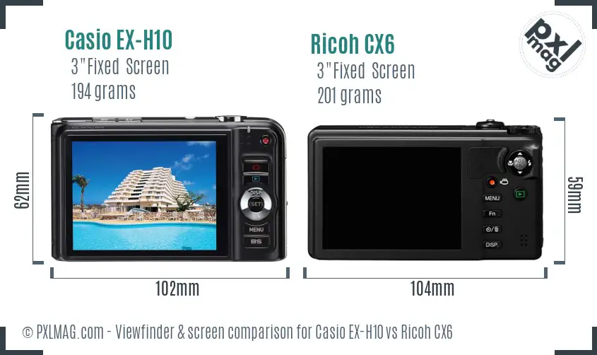 Casio EX-H10 vs Ricoh CX6 Screen and Viewfinder comparison