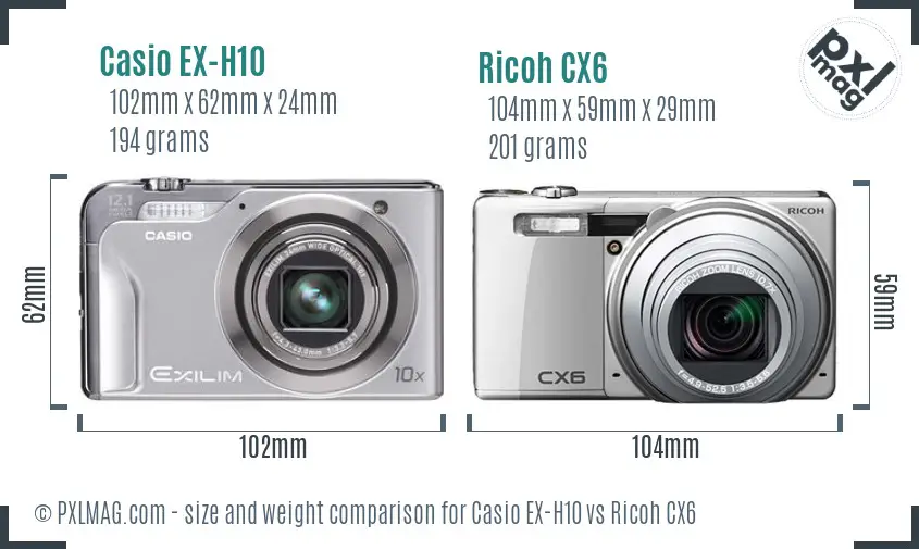 Casio EX-H10 vs Ricoh CX6 size comparison