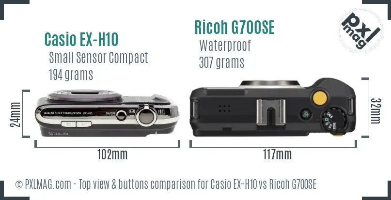 Casio EX-H10 vs Ricoh G700SE top view buttons comparison