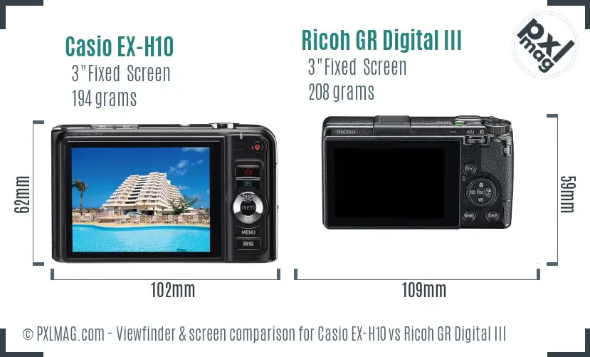 Casio EX-H10 vs Ricoh GR Digital III Screen and Viewfinder comparison