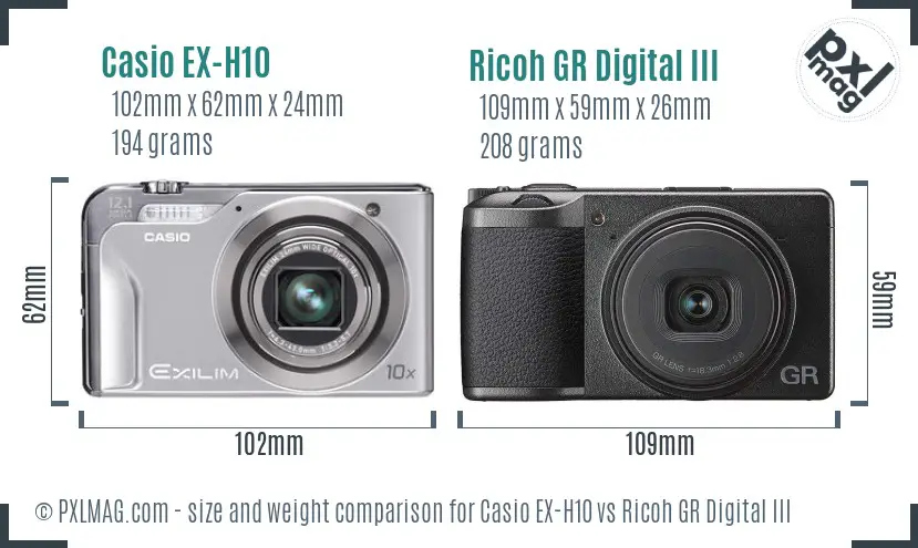 Casio EX-H10 vs Ricoh GR Digital III size comparison