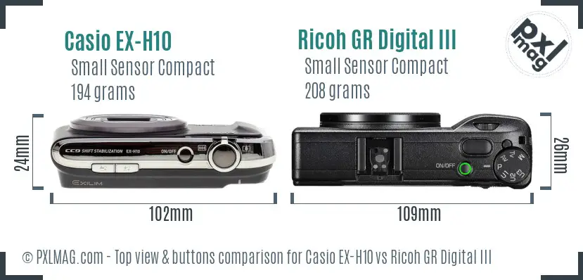 Casio EX-H10 vs Ricoh GR Digital III top view buttons comparison