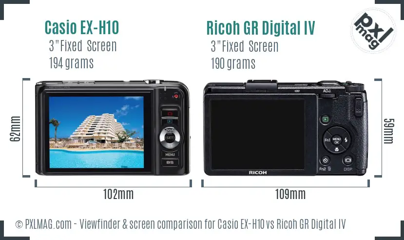 Casio EX-H10 vs Ricoh GR Digital IV Screen and Viewfinder comparison