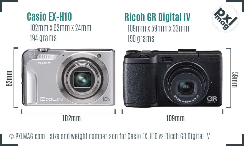 Casio EX-H10 vs Ricoh GR Digital IV size comparison
