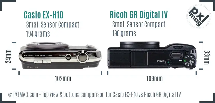 Casio EX-H10 vs Ricoh GR Digital IV top view buttons comparison
