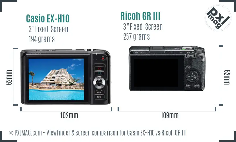 Casio EX-H10 vs Ricoh GR III Screen and Viewfinder comparison