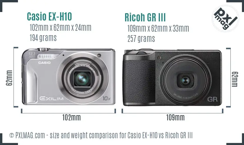 Casio EX-H10 vs Ricoh GR III size comparison