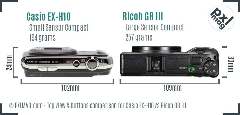 Casio EX-H10 vs Ricoh GR III top view buttons comparison