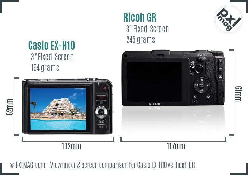 Casio EX-H10 vs Ricoh GR Screen and Viewfinder comparison