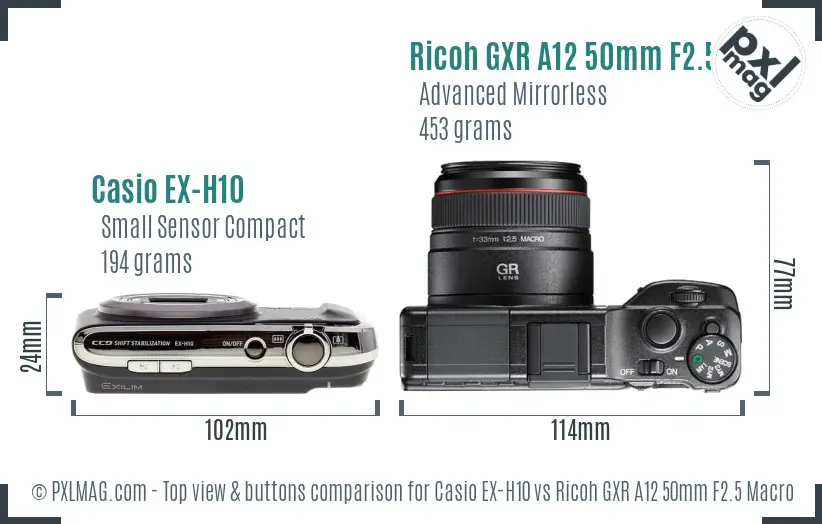 Casio EX-H10 vs Ricoh GXR A12 50mm F2.5 Macro top view buttons comparison