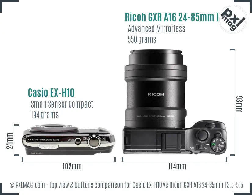 Casio EX-H10 vs Ricoh GXR A16 24-85mm F3.5-5.5 top view buttons comparison