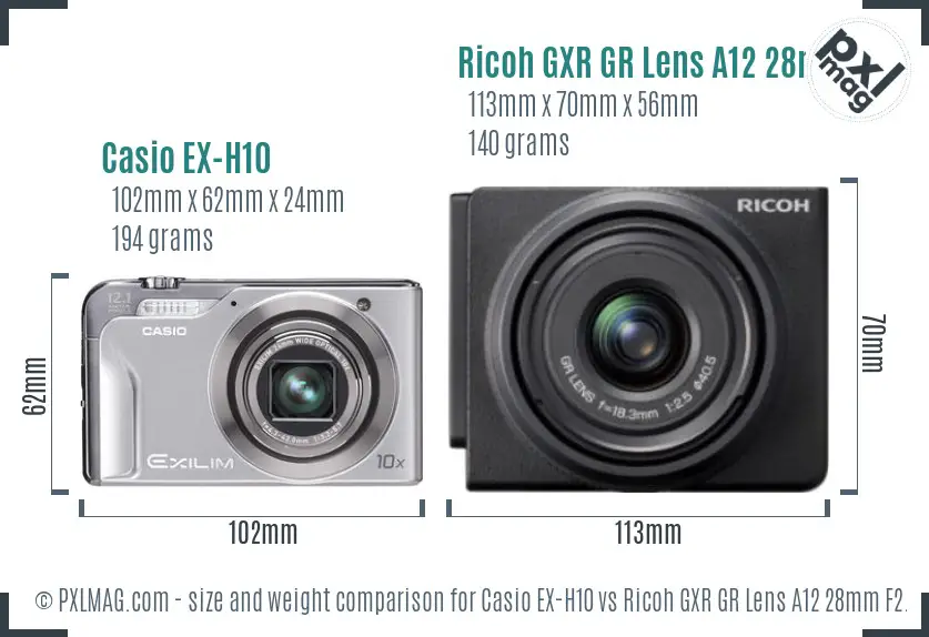 Casio EX-H10 vs Ricoh GXR GR Lens A12 28mm F2.5 size comparison Casio EX-H10 vs Ricoh GXR GR Lens A12 28mm F2.5 size comparison