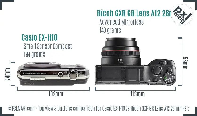 Casio EX-H10 vs Ricoh GXR GR Lens A12 28mm F2.5 top view buttons comparison Casio EX-H10 vs Ricoh GXR GR Lens A12 28mm F2.5 top view buttons comparison
