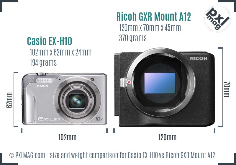 Casio EX-H10 vs Ricoh GXR Mount A12 size comparison