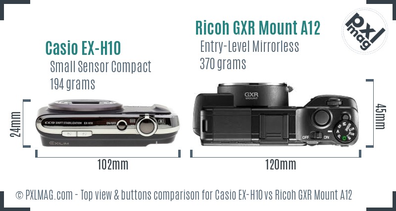 Casio EX-H10 vs Ricoh GXR Mount A12 top view buttons comparison