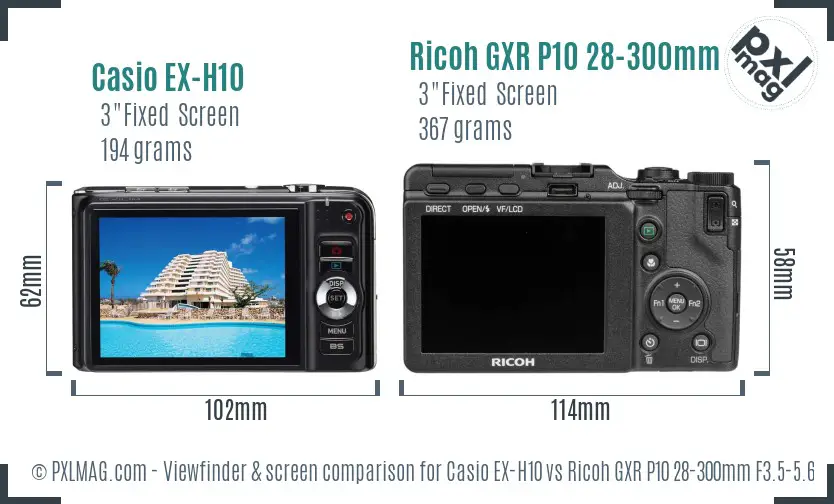 Casio EX-H10 vs Ricoh GXR P10 28-300mm F3.5-5.6 VC Screen and Viewfinder comparison