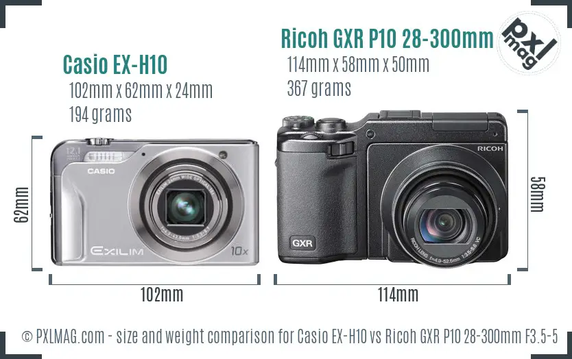 Casio EX-H10 vs Ricoh GXR P10 28-300mm F3.5-5.6 VC size comparison