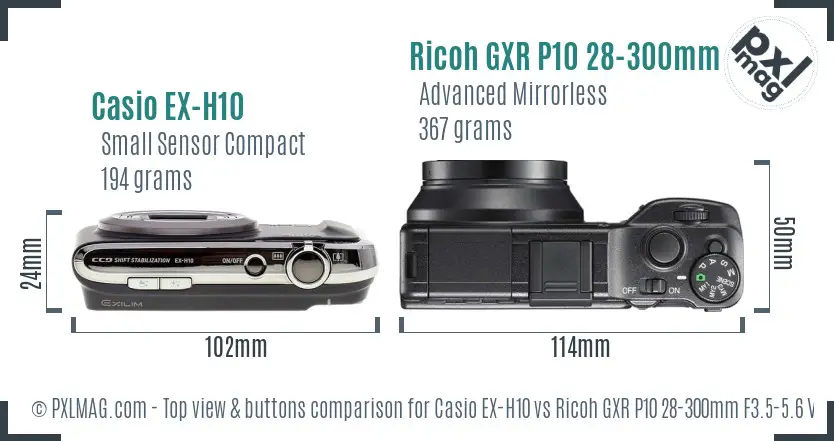 Casio EX-H10 vs Ricoh GXR P10 28-300mm F3.5-5.6 VC top view buttons comparison