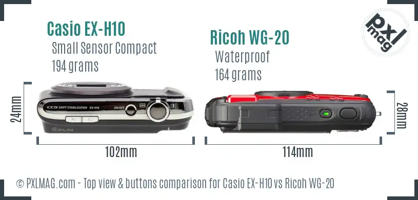 Casio EX-H10 vs Ricoh WG-20 top view buttons comparison
