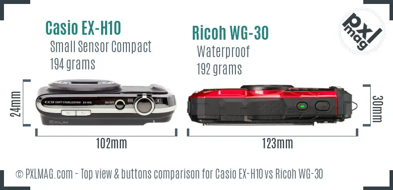 Casio EX-H10 vs Ricoh WG-30 top view buttons comparison