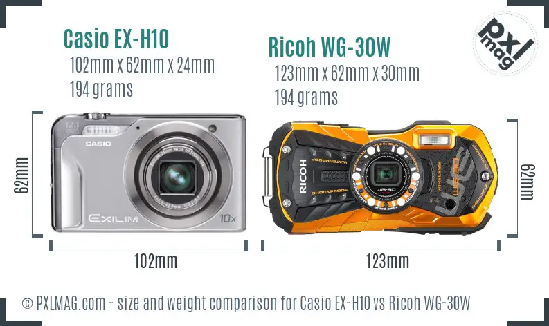 Casio EX-H10 vs Ricoh WG-30W size comparison