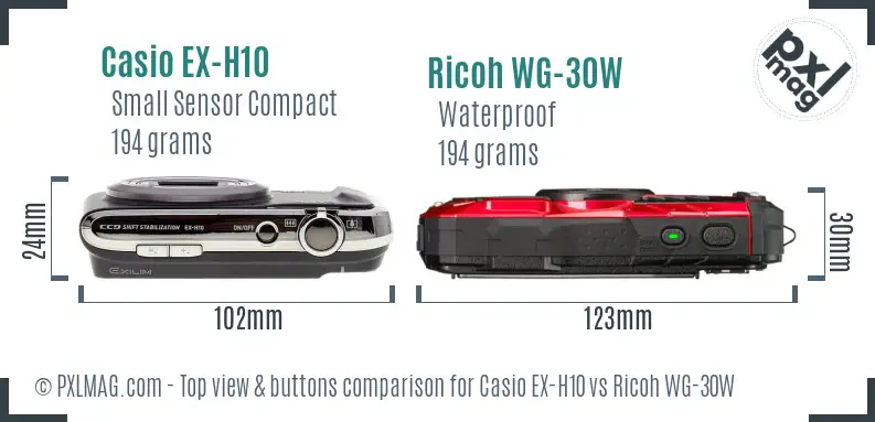 Casio EX-H10 vs Ricoh WG-30W top view buttons comparison