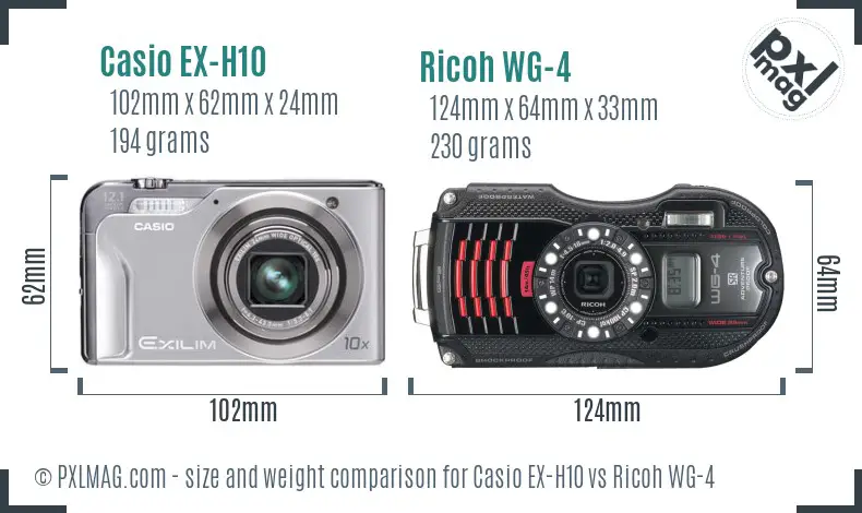 Casio EX-H10 vs Ricoh WG-4 size comparison