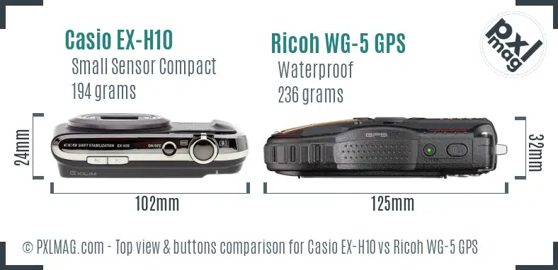 Casio EX-H10 vs Ricoh WG-5 GPS top view buttons comparison