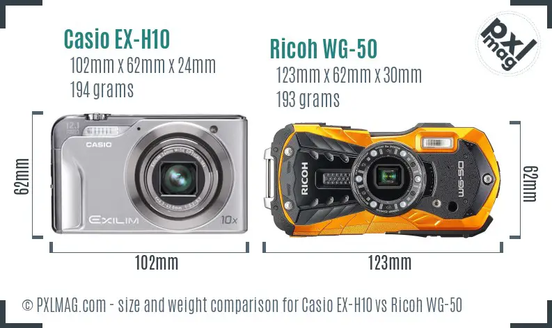 Casio EX-H10 vs Ricoh WG-50 size comparison