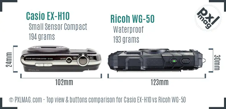 Casio EX-H10 vs Ricoh WG-50 top view buttons comparison