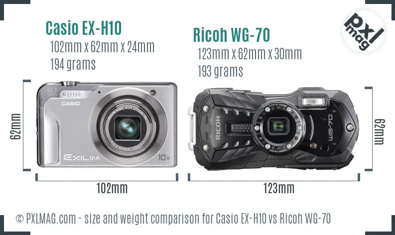 Casio EX-H10 vs Ricoh WG-70 size comparison