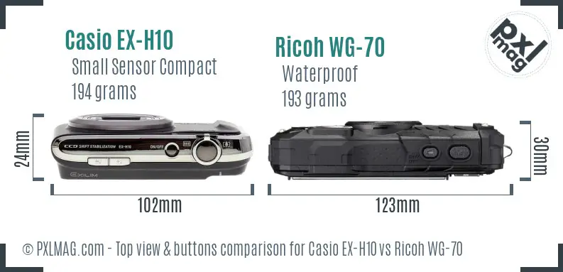 Casio EX-H10 vs Ricoh WG-70 top view buttons comparison