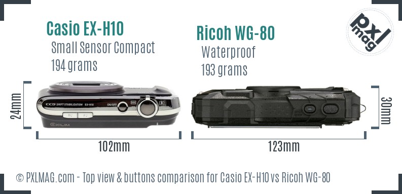 Casio EX-H10 vs Ricoh WG-80 top view buttons comparison