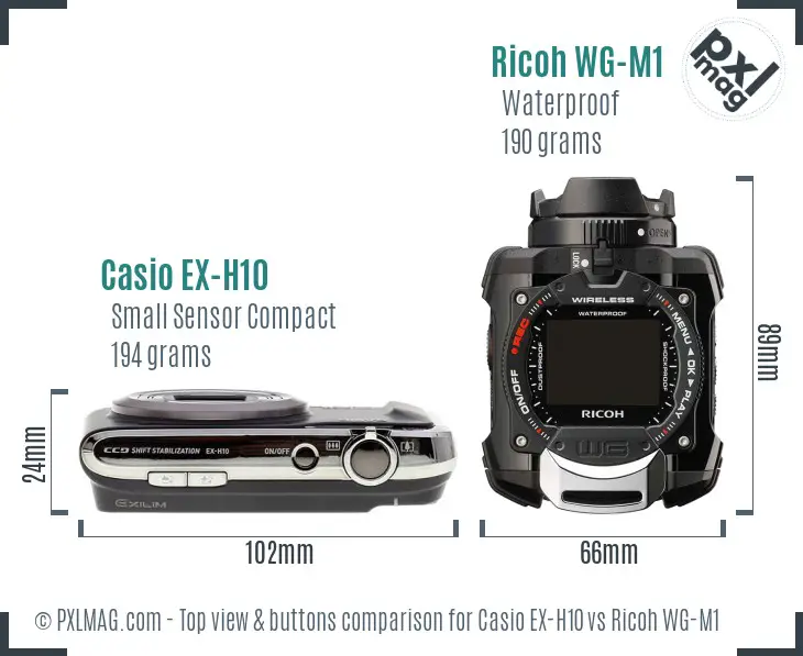 Casio EX-H10 vs Ricoh WG-M1 top view buttons comparison