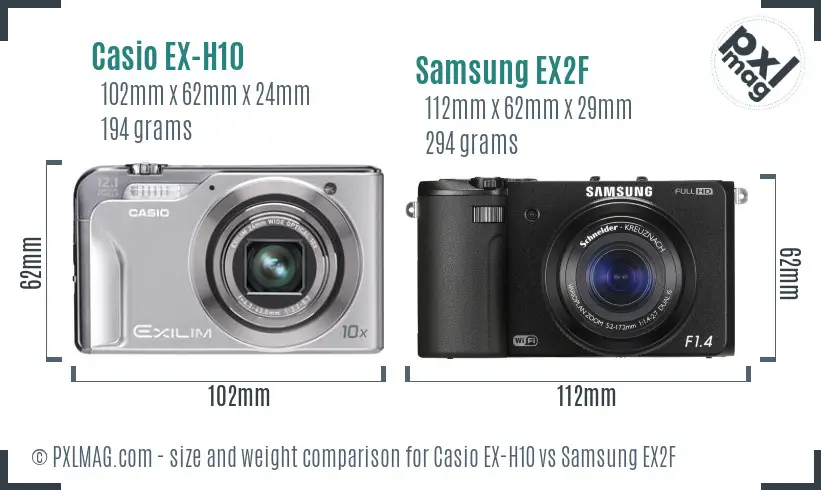 Casio EX-H10 vs Samsung EX2F size comparison