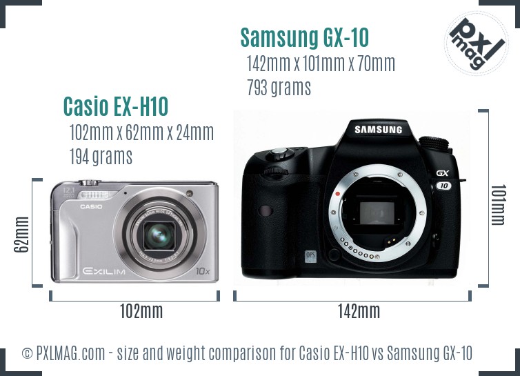 Casio EX-H10 vs Samsung GX-10 size comparison Casio EX-H10 vs Samsung GX-10 size comparison
