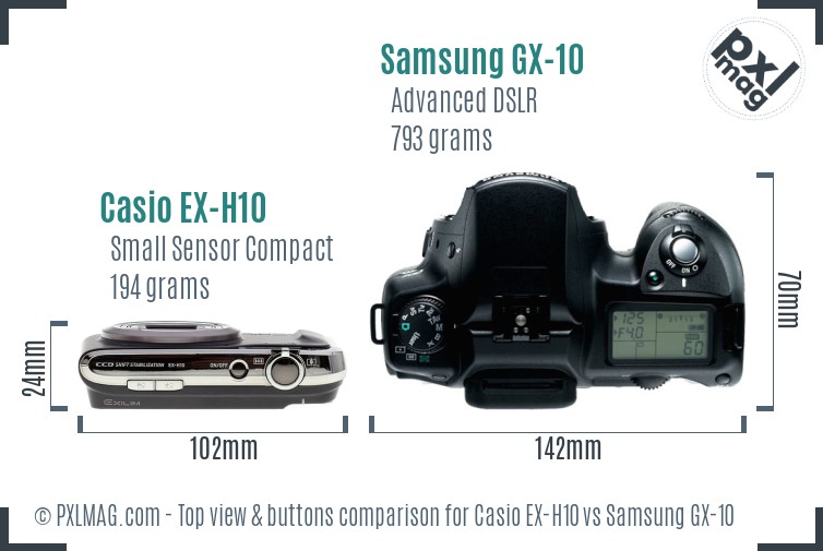 Casio EX-H10 vs Samsung GX-10 top view buttons comparison