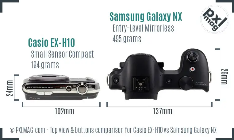 Casio EX-H10 vs Samsung Galaxy NX top view buttons comparison