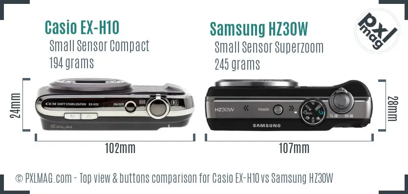 Casio EX-H10 vs Samsung HZ30W top view buttons comparison