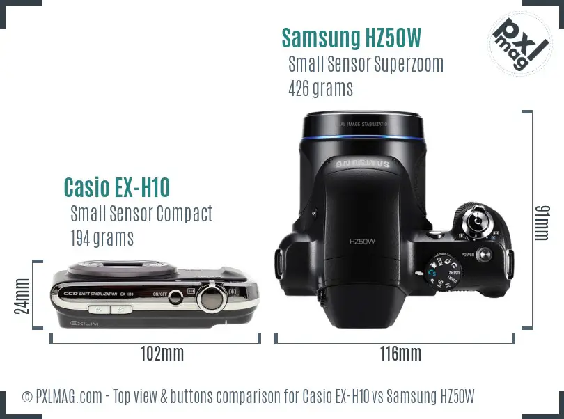 Casio EX-H10 vs Samsung HZ50W top view buttons comparison Casio EX-H10 vs Samsung HZ50W top view buttons comparison